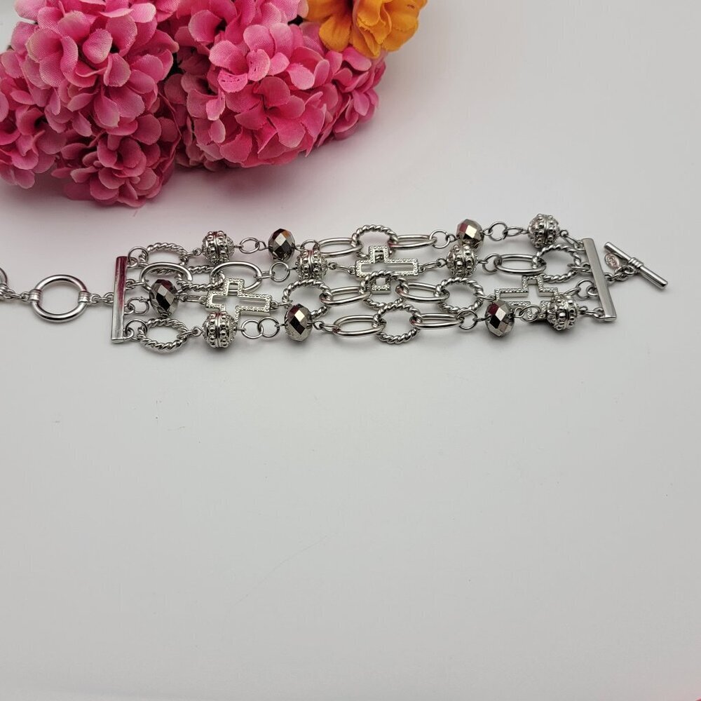 Premier Designs Cross Charm Bracelet Silver Tone Multi Chain Toggle 7-7.75"